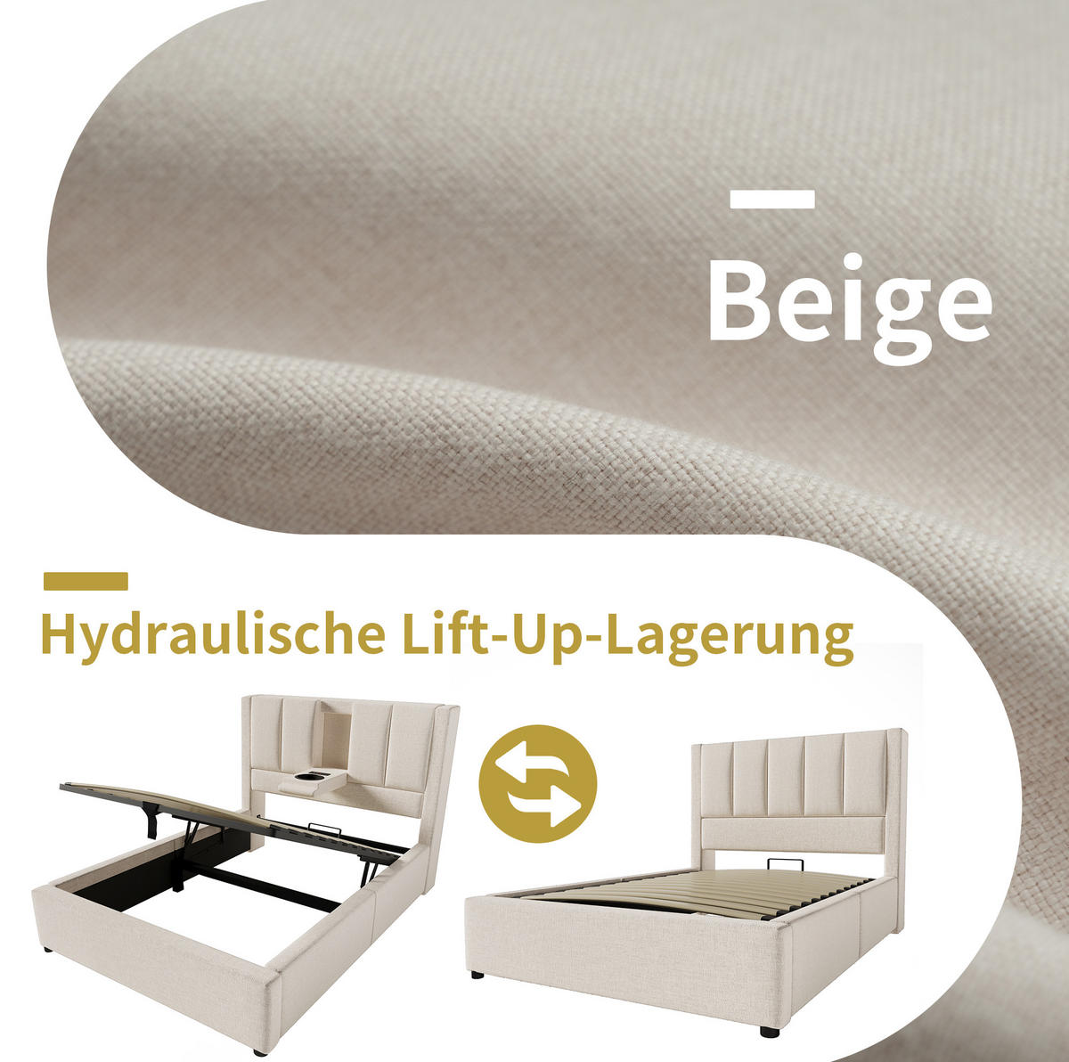 POLSTERBETT mit Bettkasten 90/200 cm in Beige mit Ladestation und gepolstertem Kopfteil - Beige, Textil (90/200cm) - BEAOK