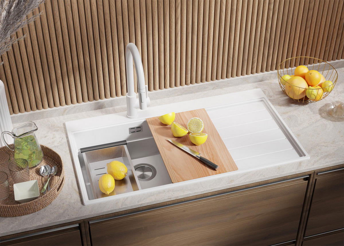 GRANITSPÜLE Sydney, 2-er set Weiß 90/50 cm 1 Becken + Küchenarmatur 32/20 cm + Ablauf-Set + Küchenzubehörset ab 60er Unterschrank - Chromfarben/Beige, Kunststoff (90/20/50cm) - Primagran