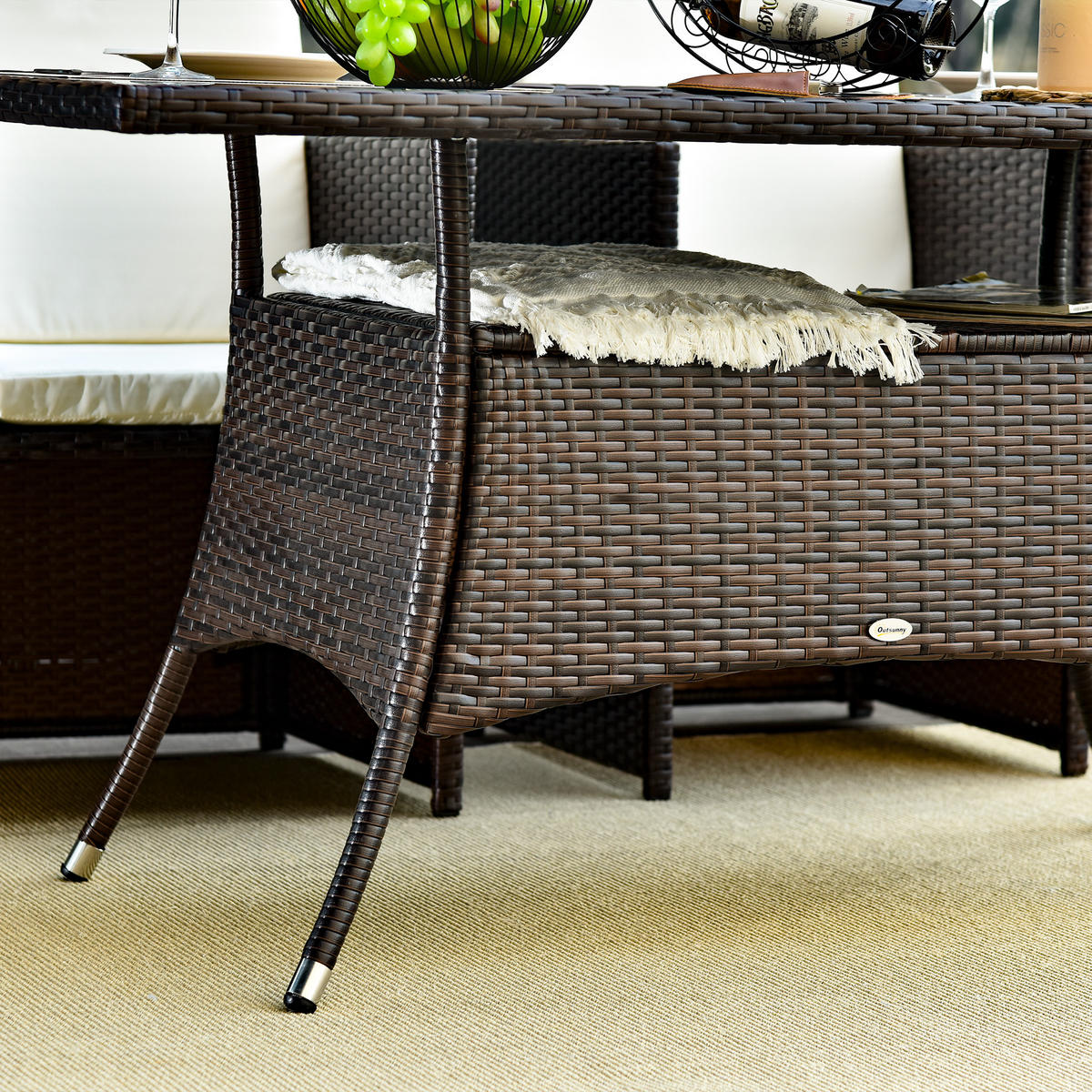 GARTENTISCH aus Polyrattan 150x85x74 cm Braun mit Sicherheitsglas - Braun, Metall (150/85/74cm) - Modfu