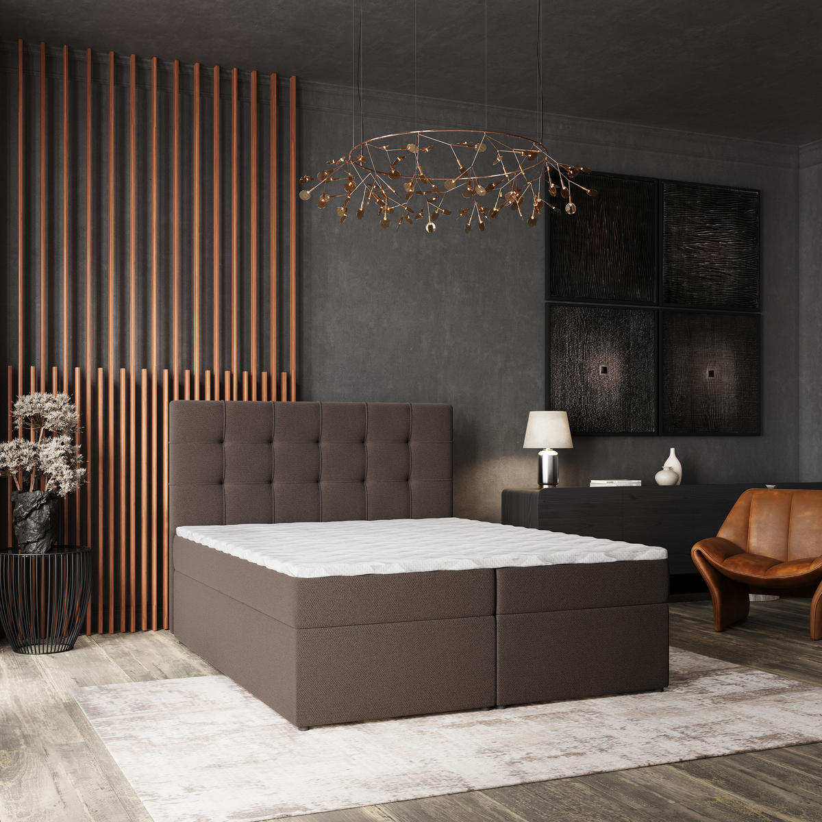 BOXBETT PALMA 140x200 cm mit Matratze und Topper, H2+H3 - Braun - Braun, Holz (140/200cm) - MASSENO