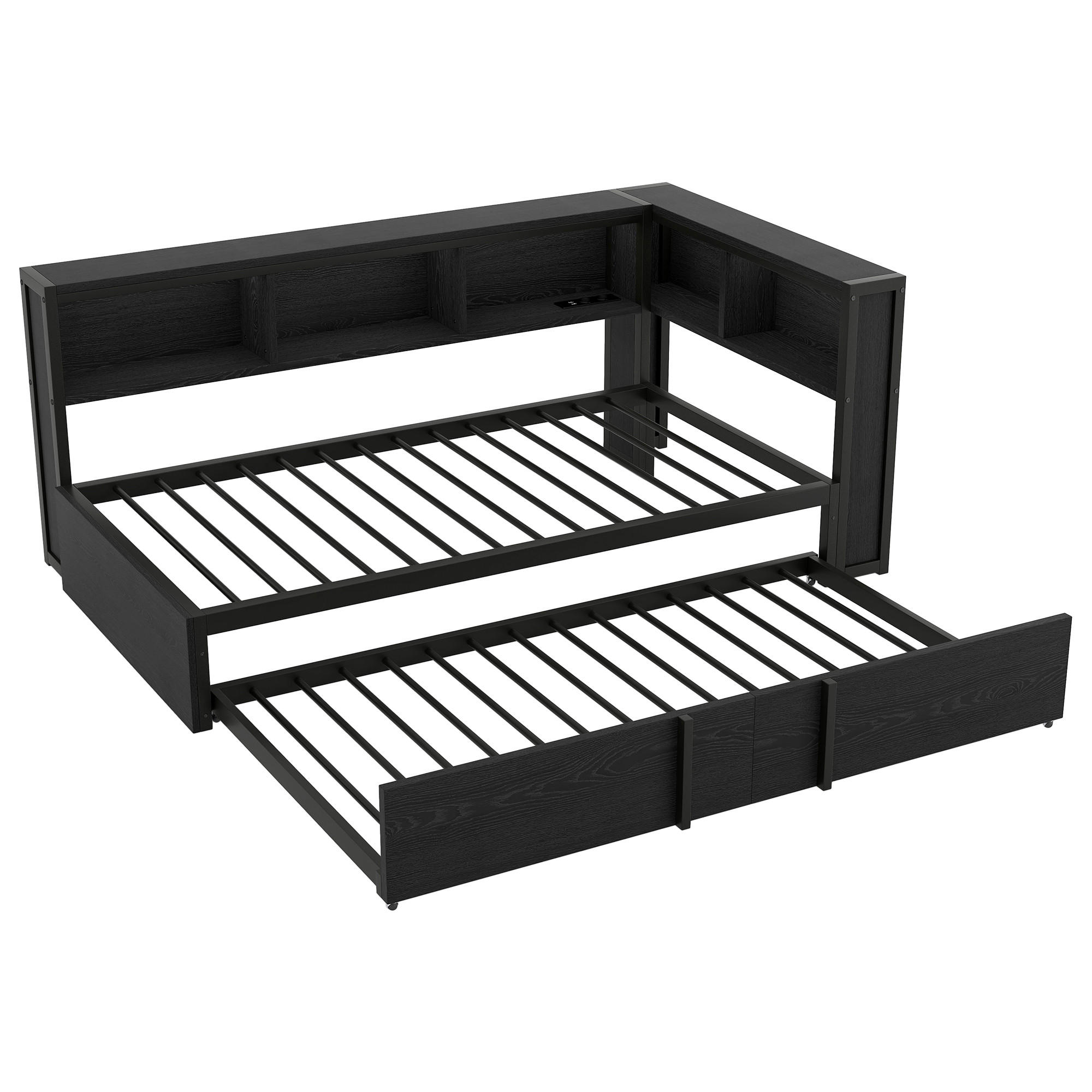 AUSZIEHBETT 90/200 cm DE-03418, mit Stauschränken, LED und USB, in Schwarz - Schwarz, Holzwerkstoff/Metall (90/200cm) - ComfortXL