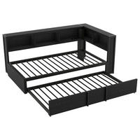 AUSZIEHBETT 90/200 cm DE-03418, mit Stauschränken, LED und USB, in Schwarz - Schwarz, Holzwerkstoff/Metall (90/200cm) - ComfortXL