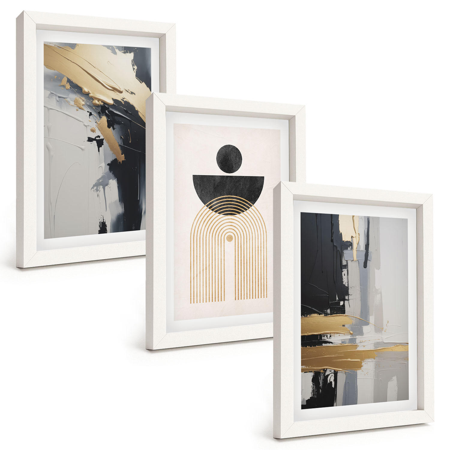 BILDER SET 3er Set - 20x30 cm Weißer Rahmen - Abstrakte Geometrie Eleganz - Weiß, Kunststoff (20/30cm) - TULUP