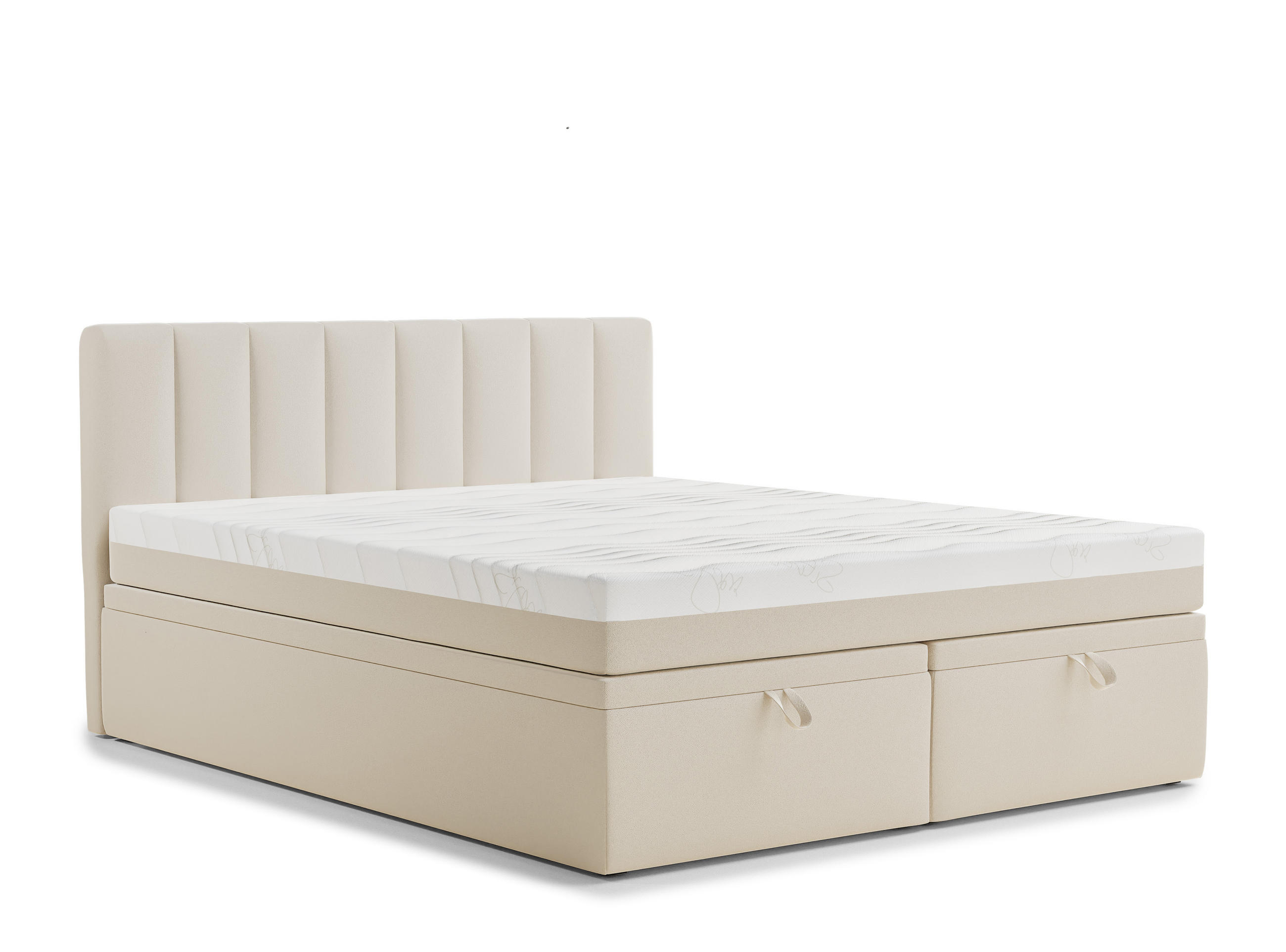 BOXBETT 160/200 cm Lovage S, in Hellbeige, Matratze, gepolstertes Kopfteil, Bettkasten, H3 = fest - Beige/Schwarz, Holz/Holzwerkstoff (160/200cm) - Maison de Reve