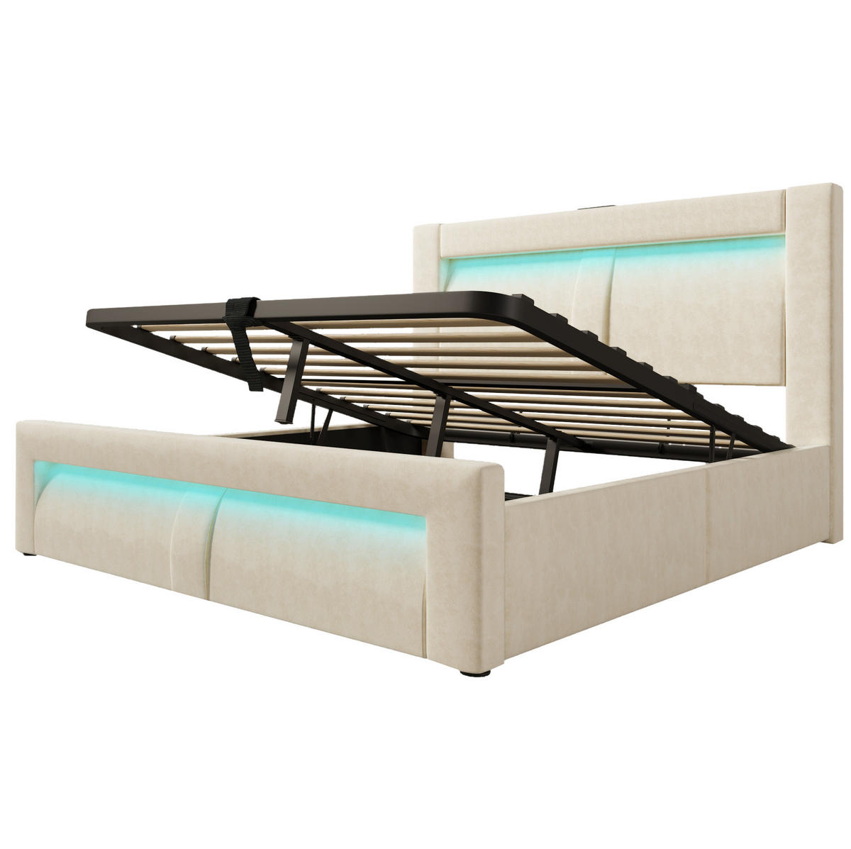 SAMT-POLSTERBETT 160/200 cm mit Bettkasten, LED-Beleuchtung und Ladefunktion - Beige, Textil (160/200cm) - BEAOK