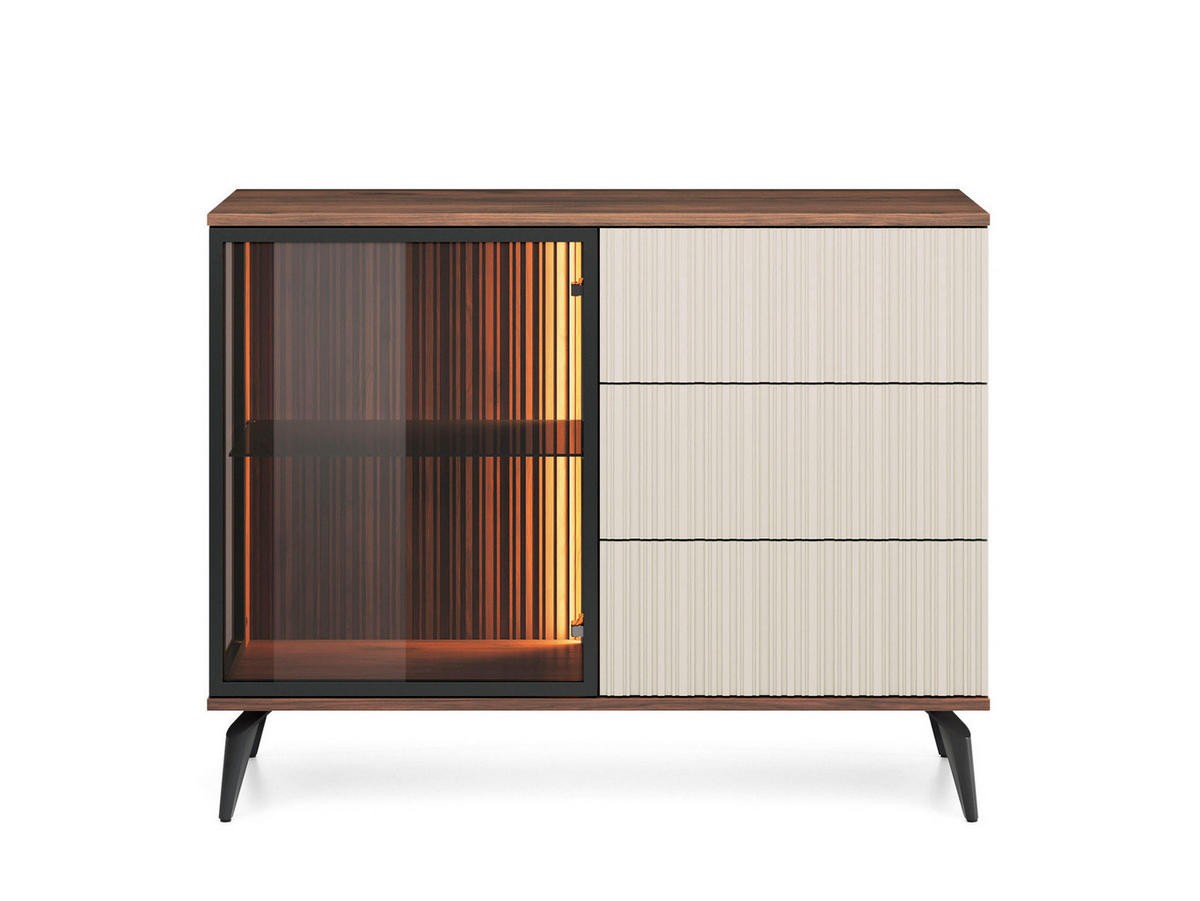 SIDEBOARD YUKO KSZ103 103 cm (Warmia Nussbaum, Kaschmir, Glas, 3 Schubladen, LED) - Kaschmir/Walnussfarben, Glas/Holz (103/80/39cm) - Ravio
