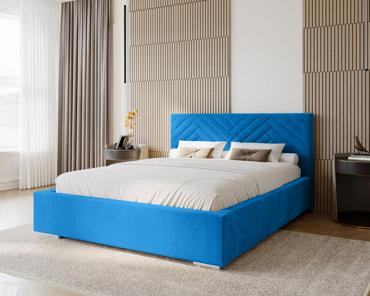 POLSTERBETT Aura 120x200 cm, Doppelbett mit Bettkasten, Lattenrost und Matratze aus Holz, Velourstoff: Blau - Blau, Holz/Kunststoff (120/200cm) - Marpur