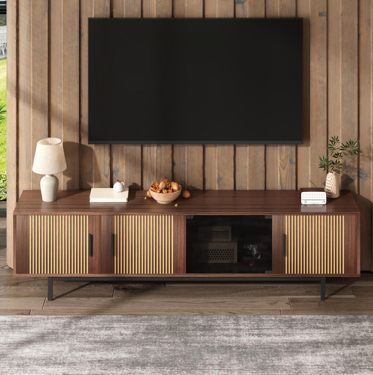 TV-STÄNDER 200/35/53 cm schwarz und Walnussbraun MDF mit intelligentem LED-Lichtstrip und Glastüren - Schwarz, Holzwerkstoff (200/53/35cm) - OKWISH