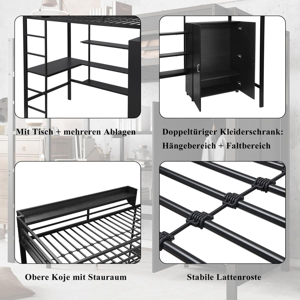 ETAGENBETT 90/200 cm in Schwarz mit Tisch, Kleiderschrank und Regal - Schwarz, Holzwerkstoff/Metall (90/200cm) - CHICFURN