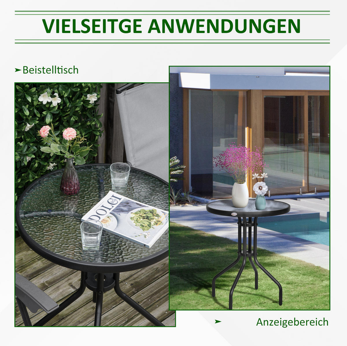 GARTENTISCH 60/60/70 cm aus Metall mit Sicherheitsglas, rund und pflegeleicht, Schwarz - Schwarz, Metall (60/60/70cm) - Redom