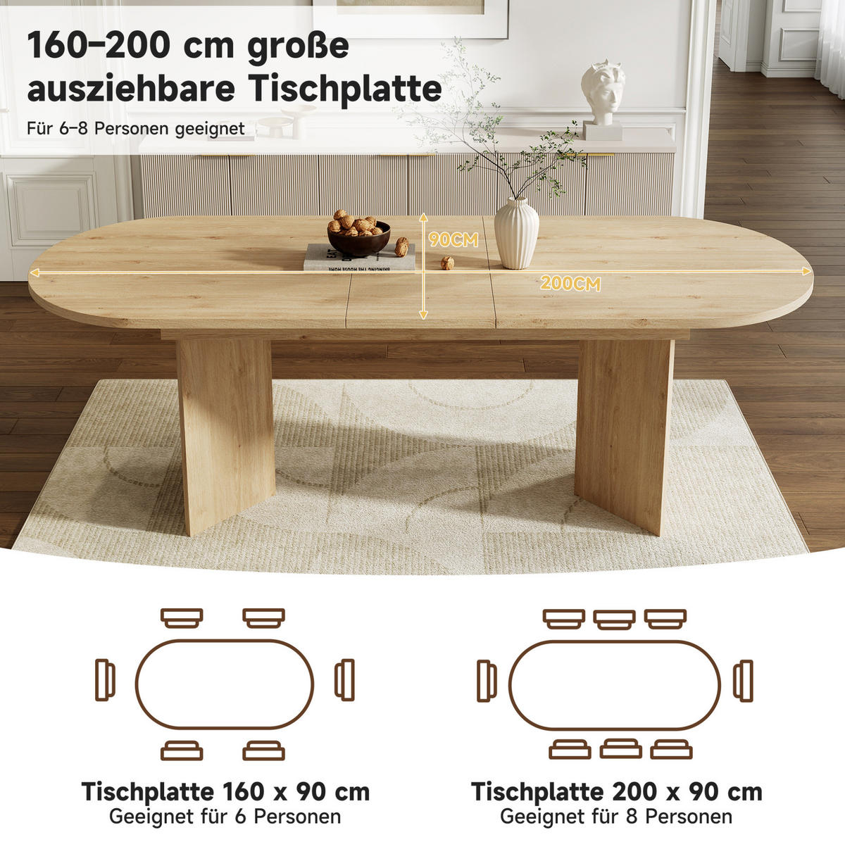 ESSTISCH 160/200/90 cm Eiche aus MDF mit Ausziehfunktion - Eichefarben, Holzwerkstoff (200/90/75cm) - OKMYHOME