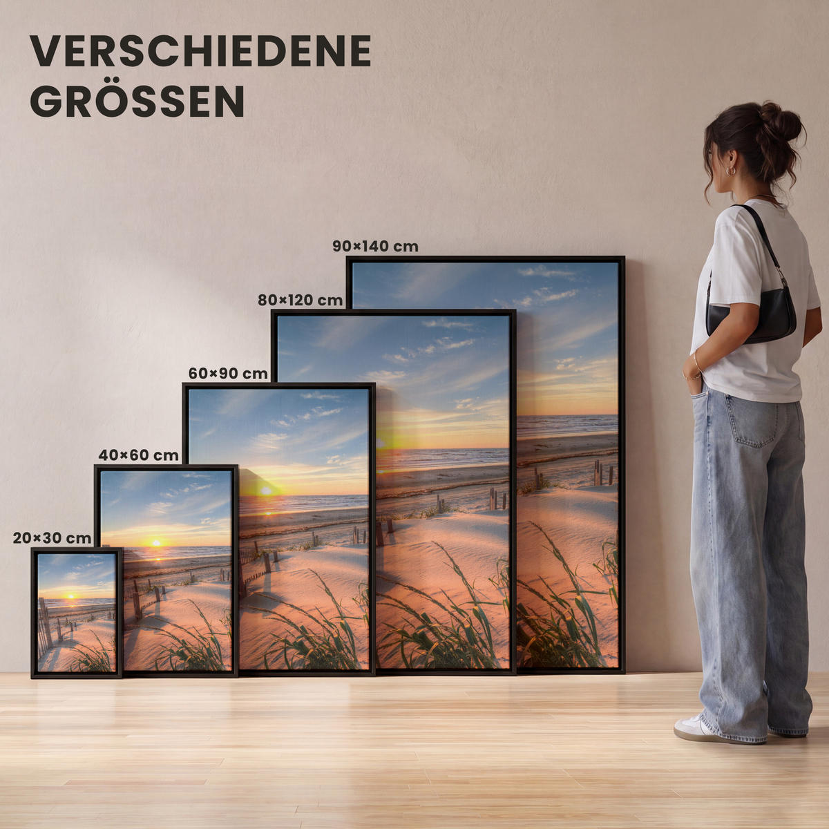 LEINWAND Bilder mit Rahmen - Strand - Meer - Düne - Sonnenuntergang - Landschaft - 20x30 - Beige, Textil (20/30cm) - MuchoWow
