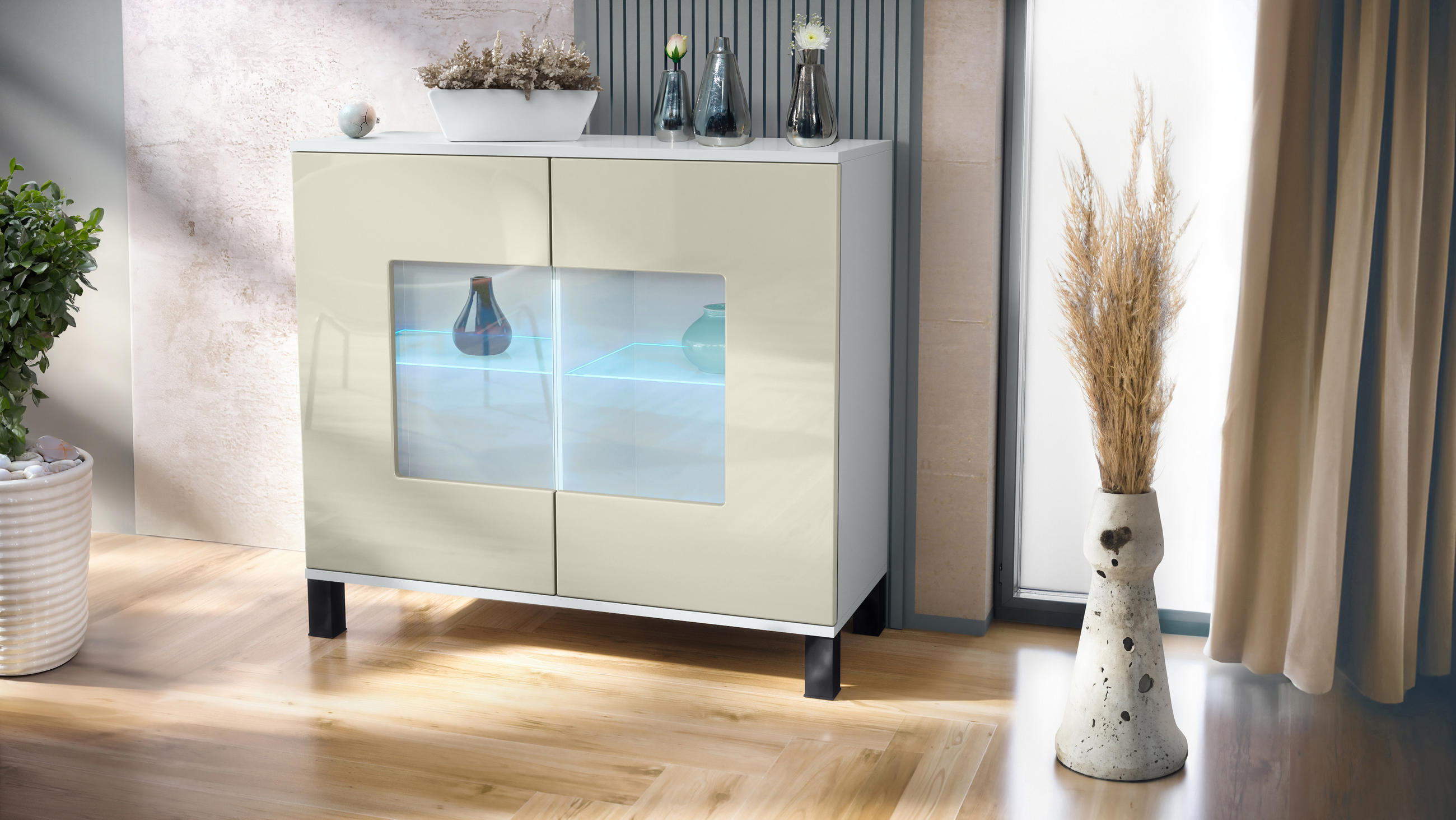 KOMMODE Grömitz Creme Hochglanz - Creme, Holzwerkstoff (92.5/84.5/35cm) - Vladon