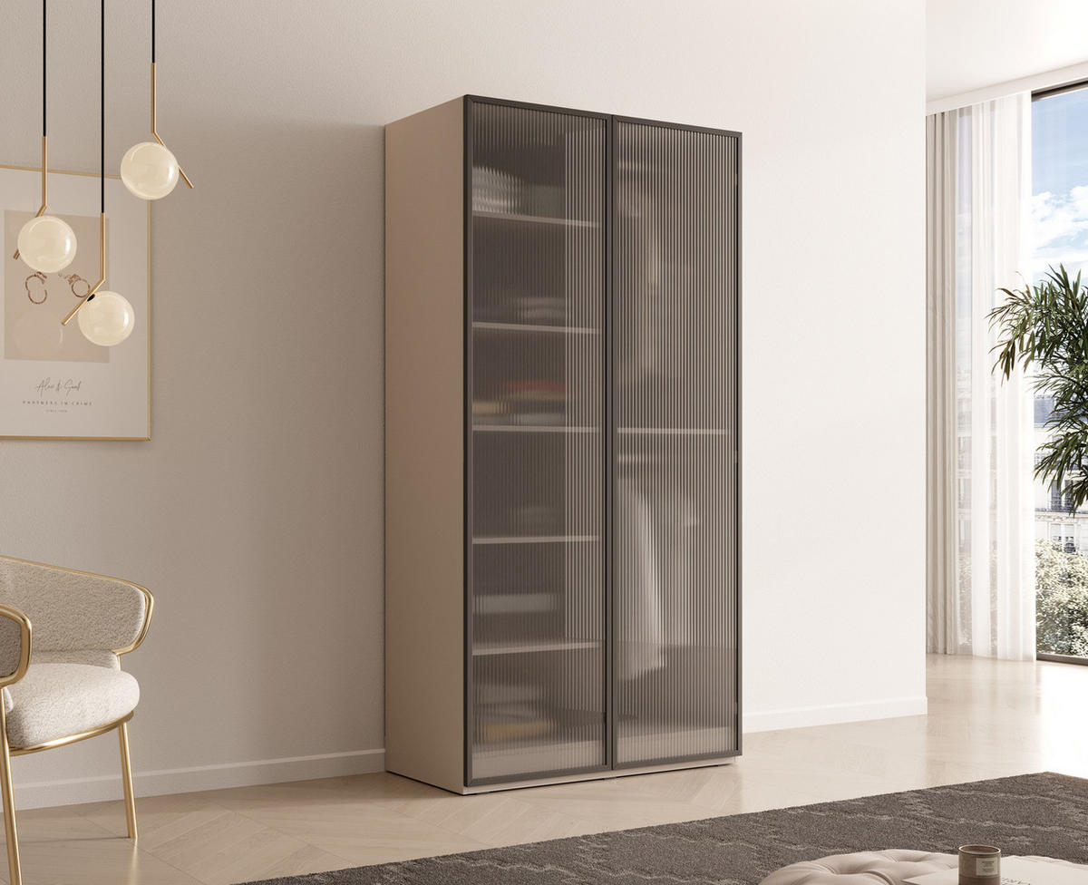 KLEIDERSCHRANK ZEN (Modular, Cashmere Matt, Geriffeltes Glas Flutes, 2-türig) - Kaschmir/Schwarz, Holz/Holzwerkstoff (101/200/51cm) - Ravio