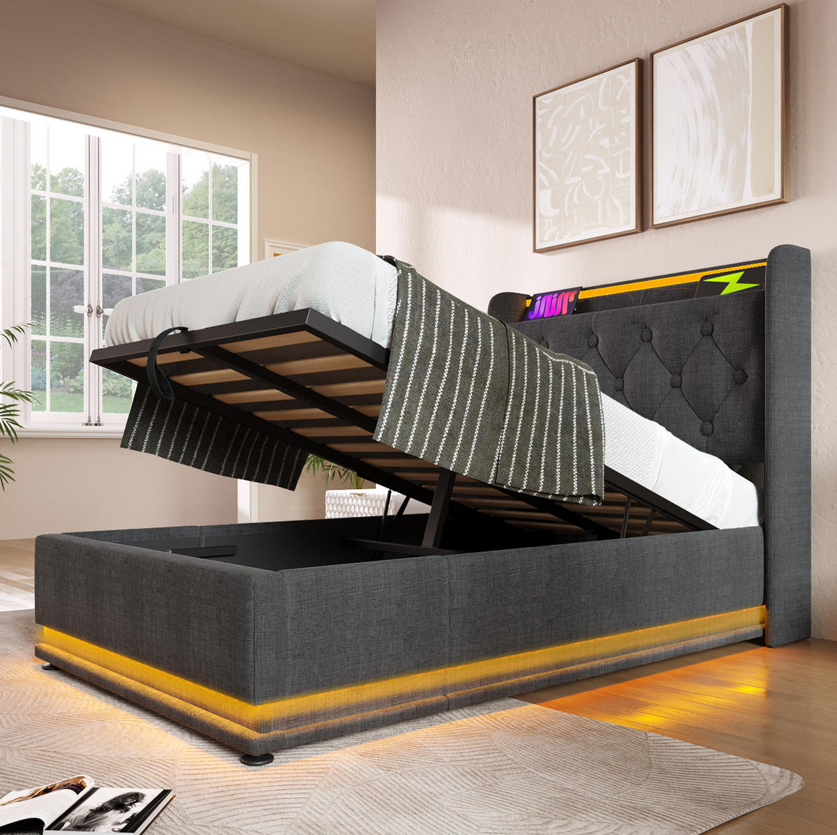 POLSTERBETT mit LED-Beleuchtung 90/200 cm mit Bettkasten & USB-C, Grau - Grau, Textil (90/200cm) - BEAOK