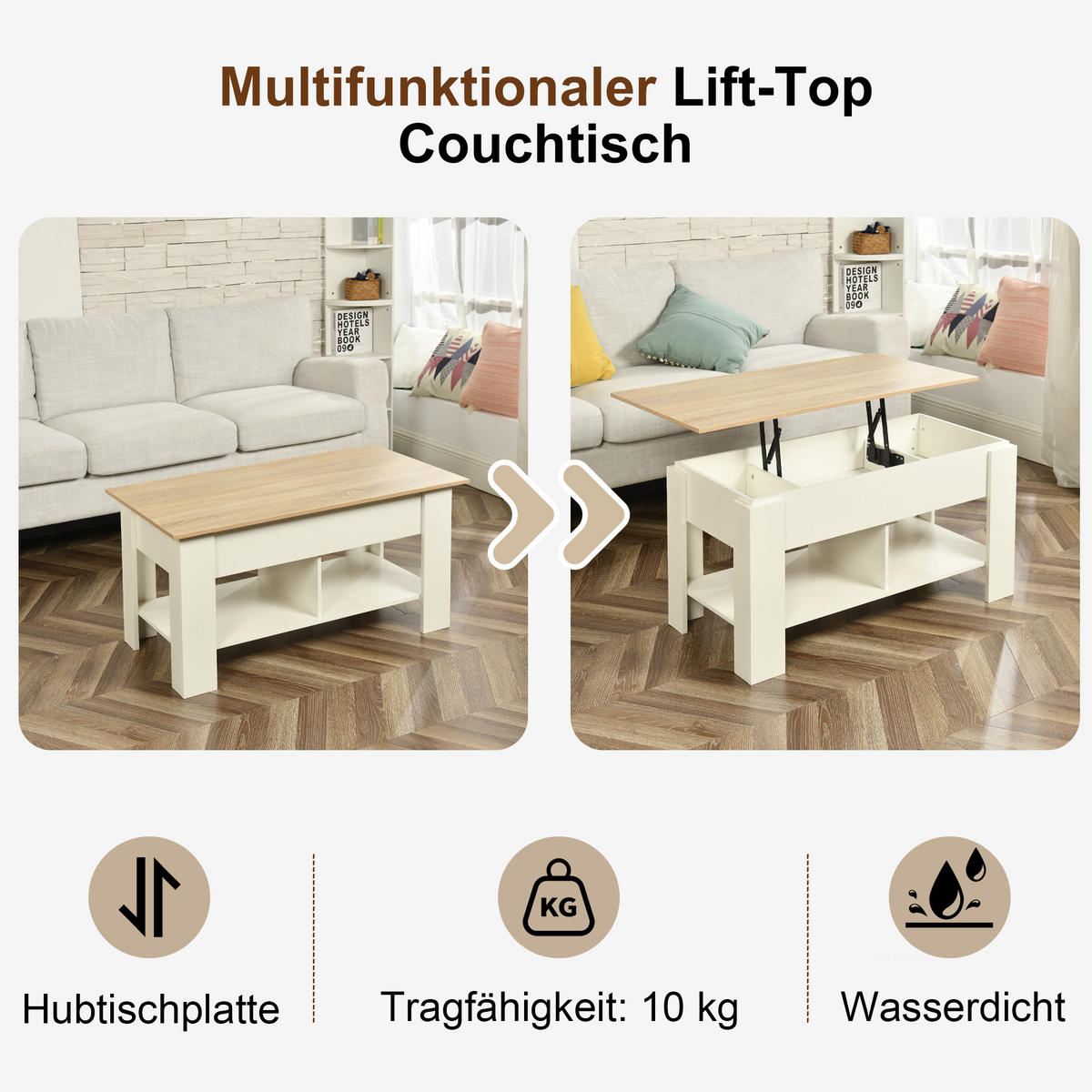 COUCHTISCH mit Lift-Top, Stauraum und Ablagefach, Weiß/Eiche - Weiß, Holz (96/50/47cm) - Urban Meuble