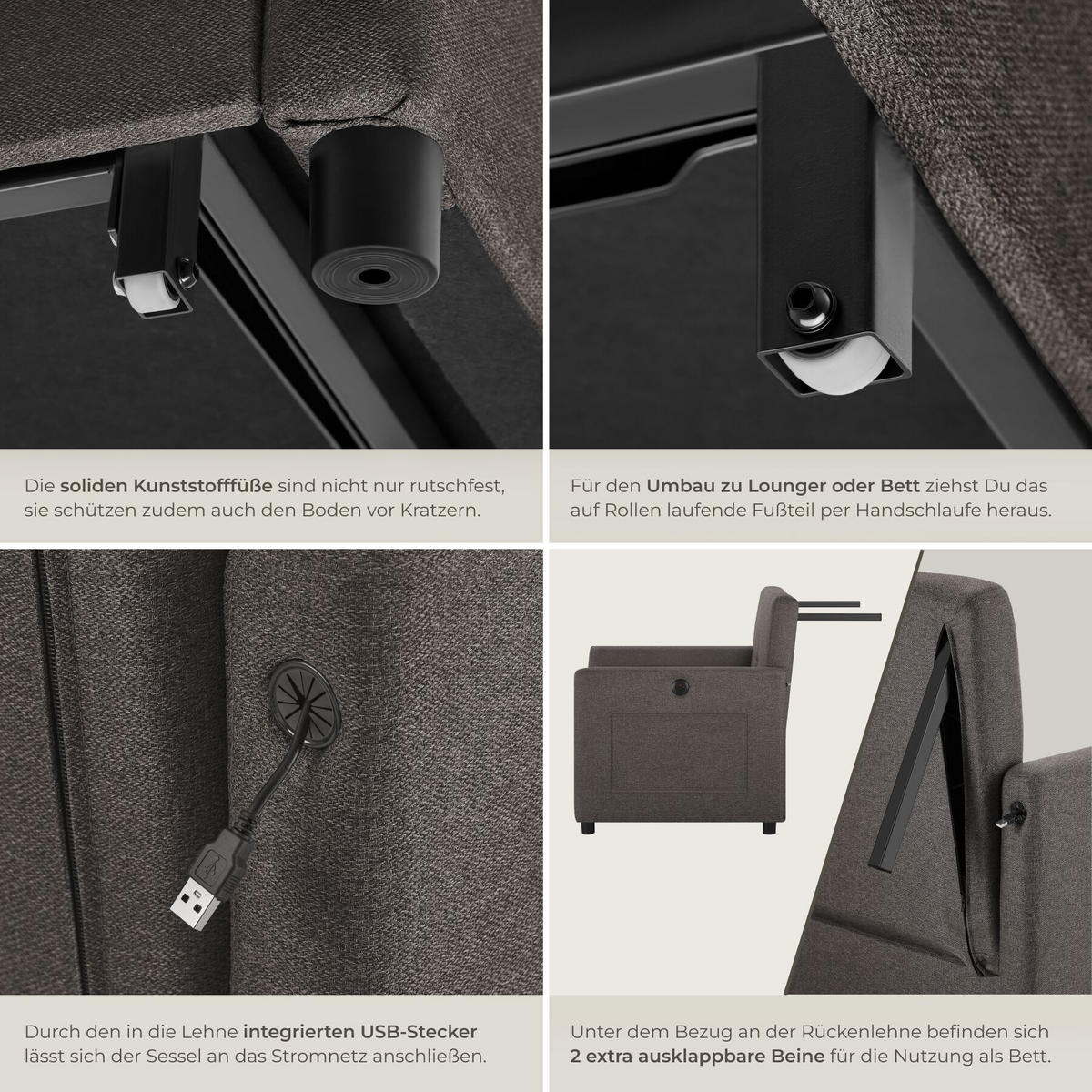 SCHLAFSESSEL Toyama, 82 x 80 x 86 cm, Belastbarkeit 150 kg, dunkelgrau - Dunkelgrau, Textil (82/86/144cm) - tectake