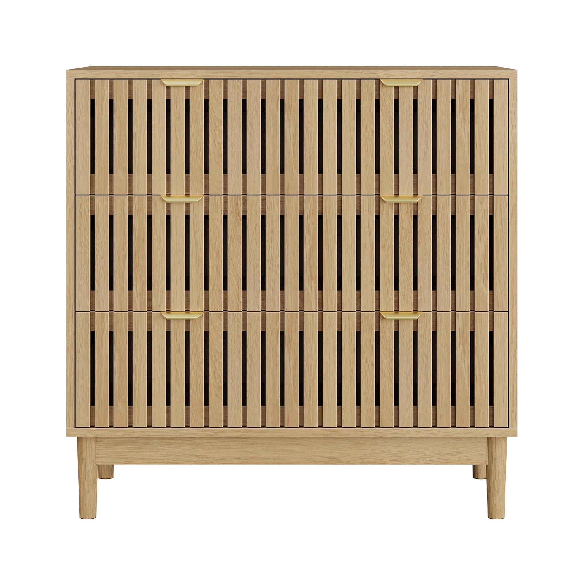 SIDEBOARD eichen-optik & latten-design mit 3 schubladen & goldgriffen - Eichefarben, Holzwerkstoff (80/80/39cm) - Urban Meuble