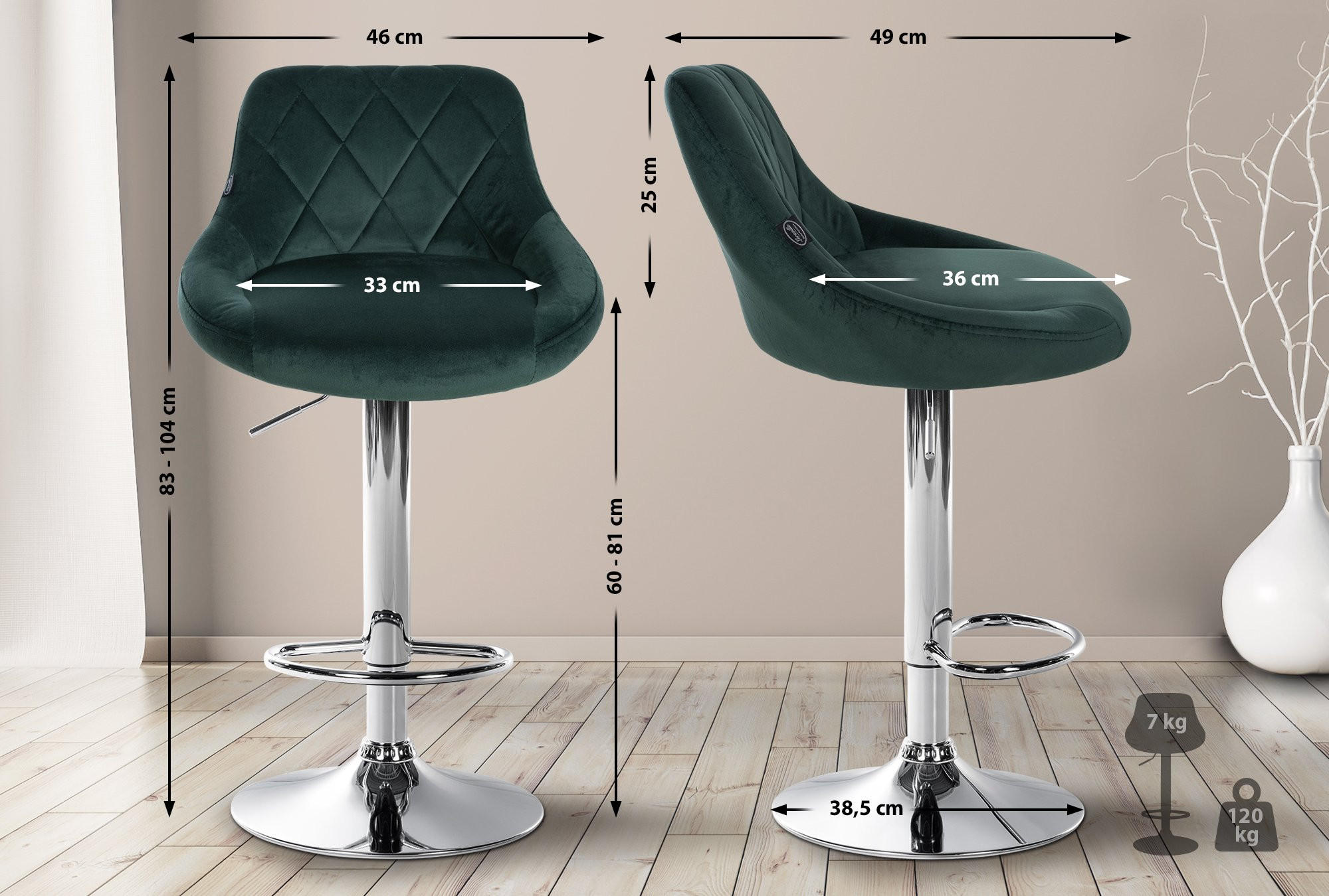 BARHOCKER Stoff dunkelgrün - Chromfarben/Dunkelgrün, Textil/Metall (46/83/49cm) - CLP