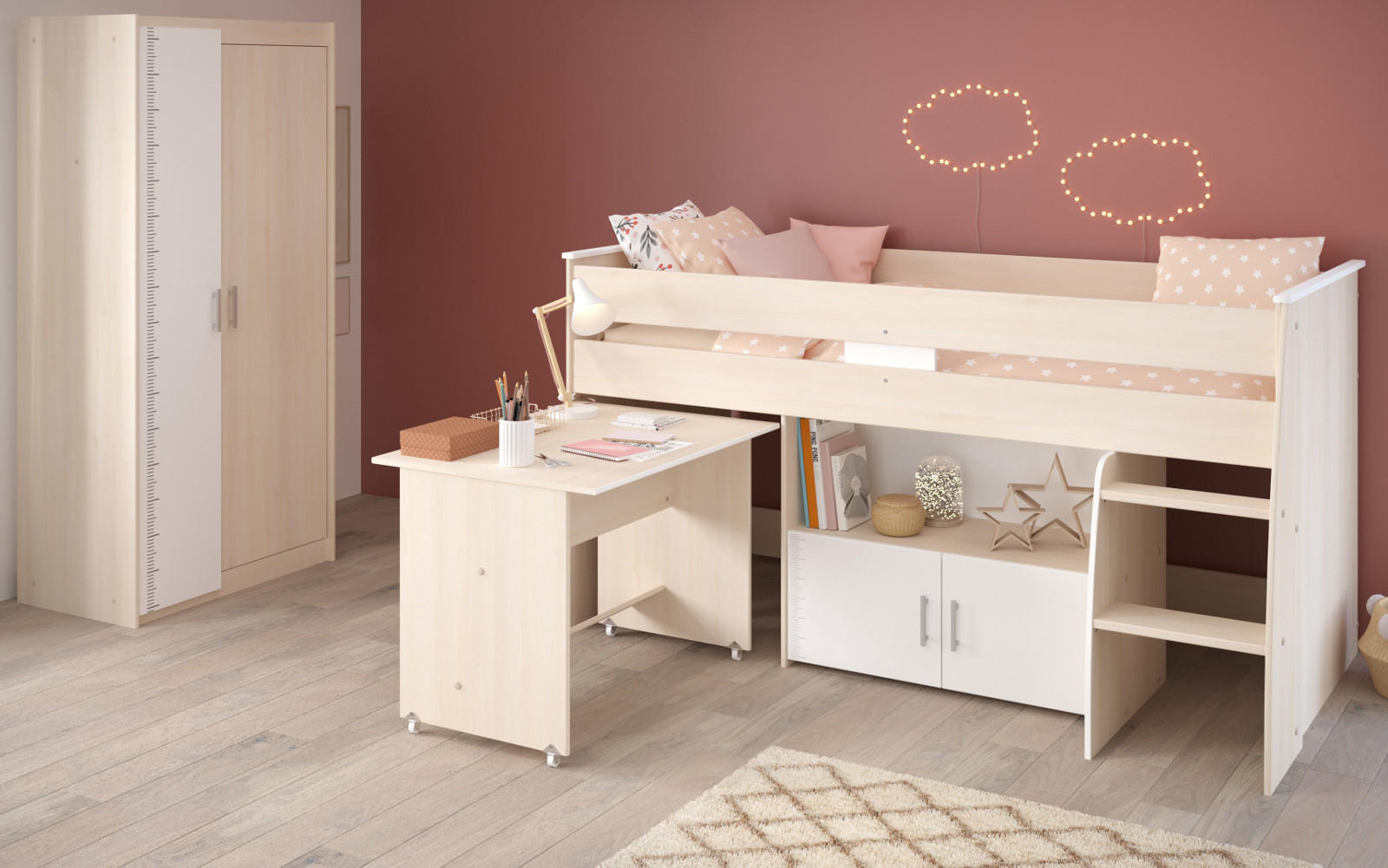 KINDERZIMMER Set mit Hochbett 90 x 200, Schreibtisch und Kleiderschrank - Silberfarben/Weiß, Holz/Holzwerkstoff (206/180/114cm) - Parisot Meuble
