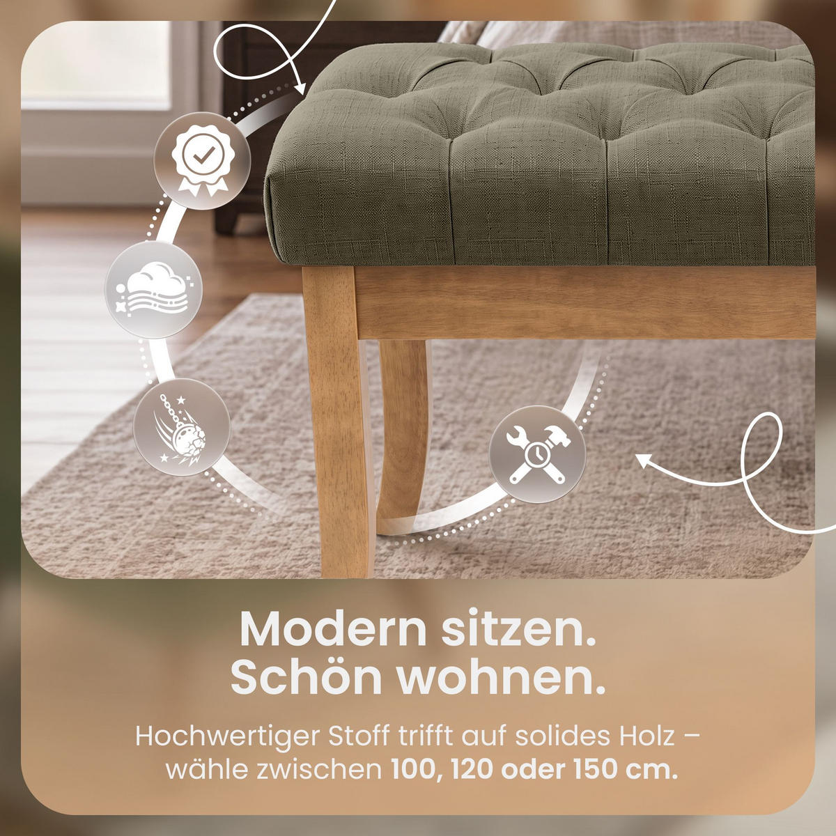 SITZBANK 100/38 cm Stoff Taupe - Taupe/Naturfarben, Holz/Textil (100/46/38cm) - CLP