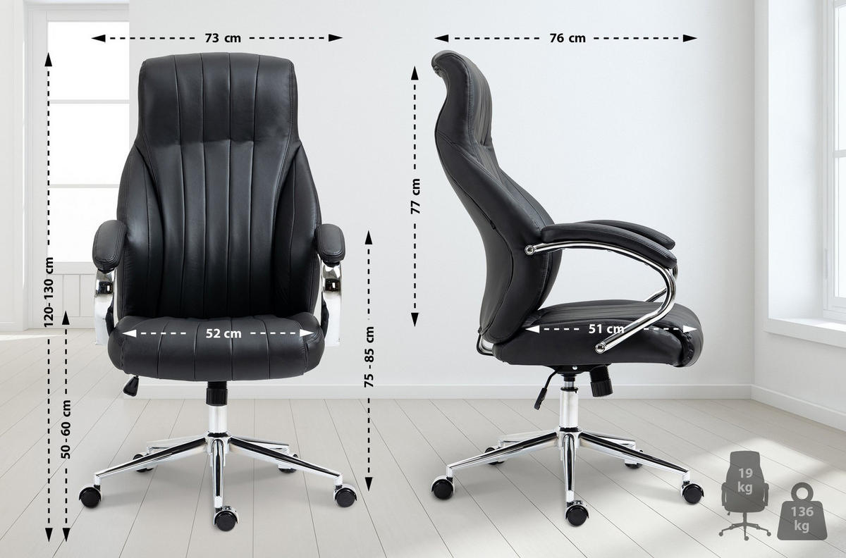 CHEFSESSEL Echtleder schwarz - Chromfarben/Schwarz, Leder/Metall (73/120/76cm) - CLP