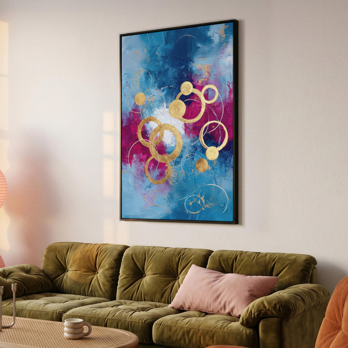 LEINWAND Bilder mit Rahmen - Kreise - Gold - Abstrakt - 80x120 - Blau, Textil (80/120cm) - MuchoWow