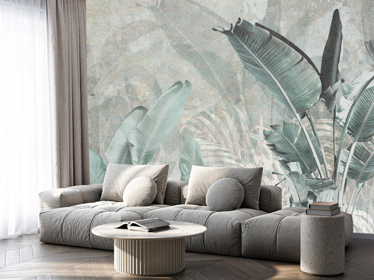 FOTOTAPETE für Küche Beton Bananenblätter Abstrakt Pflanzen Vintage 350x256 - Beige/Grau, Papier (350/256cm) - Muralo