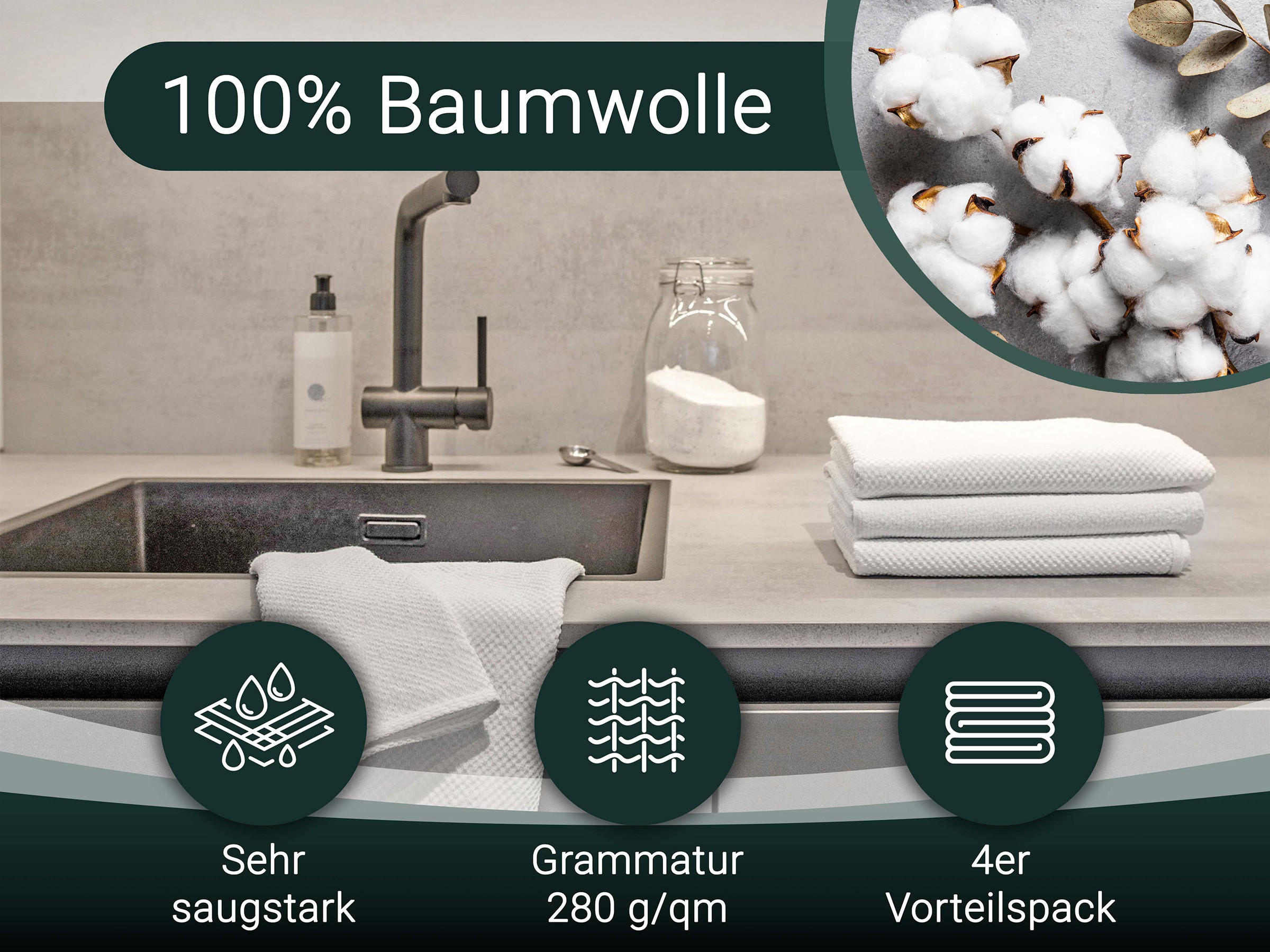 GESCHIRRTÜCHER, 4er-Set, 50x100 cm, 100% Baumwolle, Weiß - Weiß, Textil (50/100cm) - Zollner