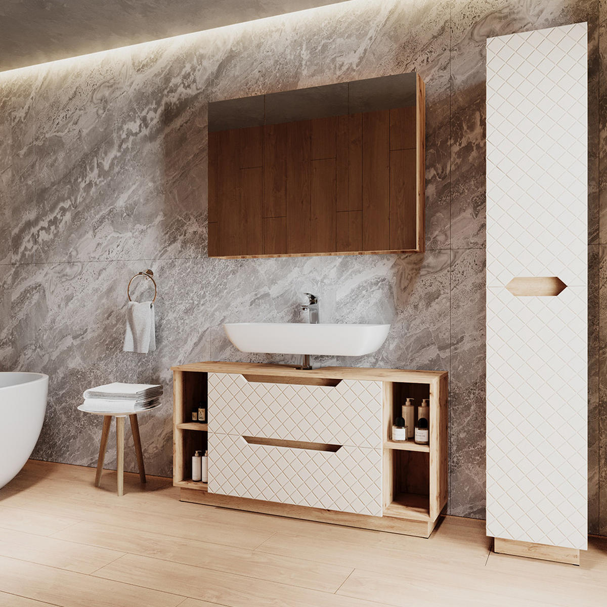 BADMÖBEL-SET Lotta Eiche/Kaschmir mit Kachelstruktur 3 Teile - Kaschmir/Eichefarben, Holzwerkstoff (119.2/62.5/35cm) - Vicco