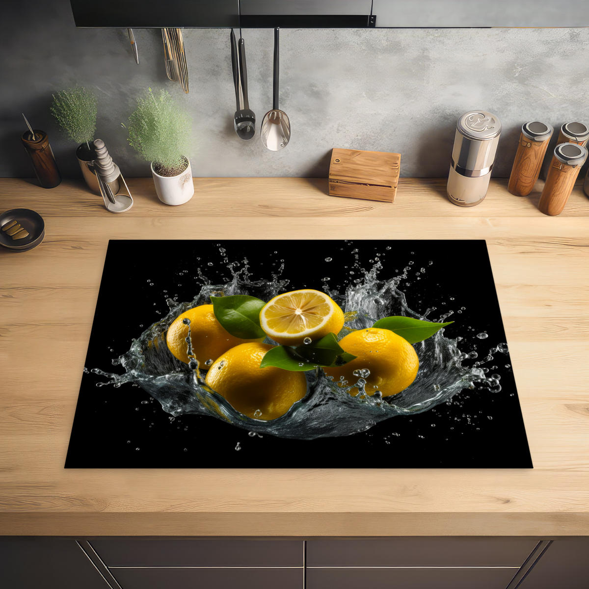 HERABDECKPLATTE - Zitrone - Obst - Gelb - Schwarz - 75x55 - Gelb, Kunststoff (75/55/0.2cm) - MuchoWow