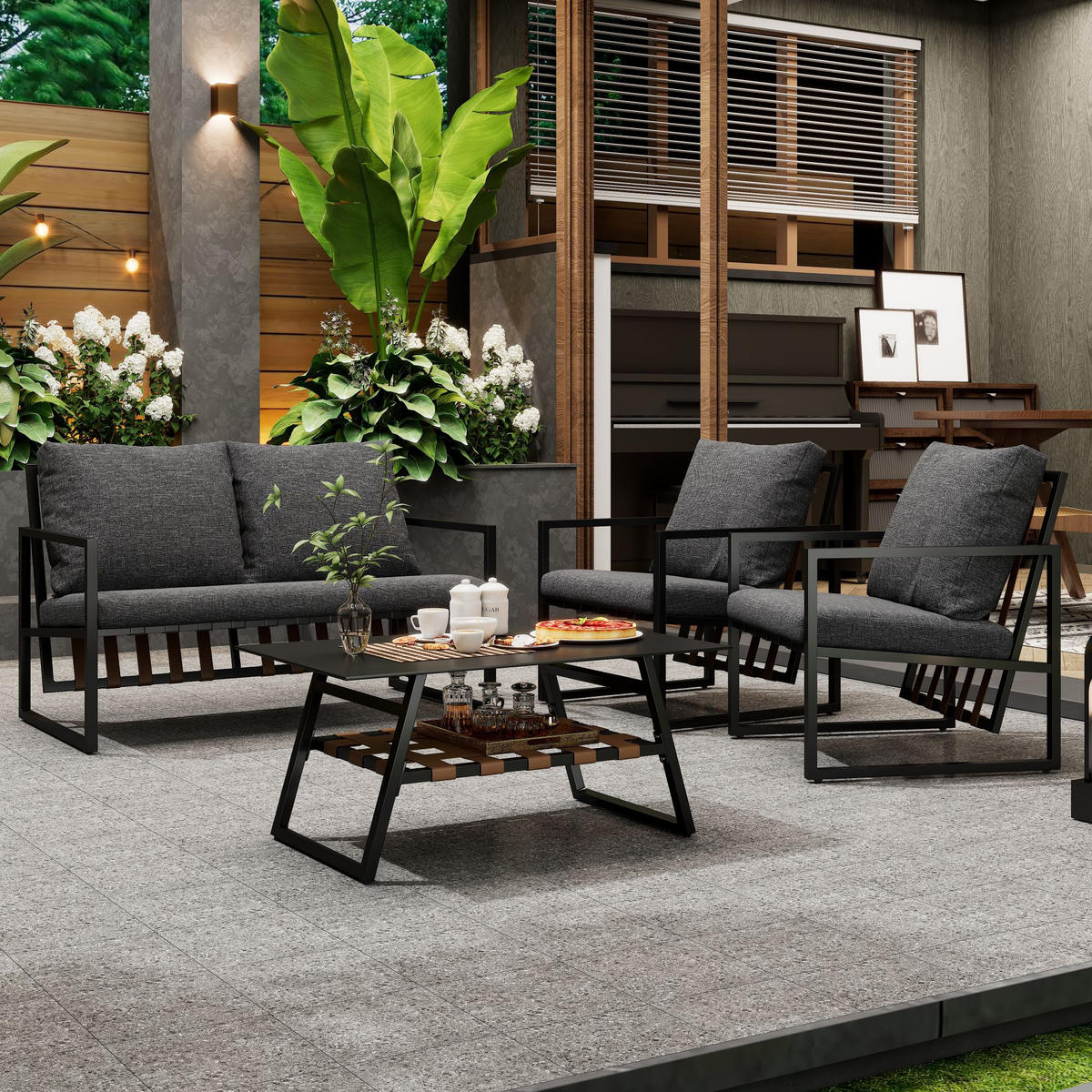 GARTENLOUNGE-SET für 4 Personen Garten-Garnitur Set mit Sofa Couchtisch und Kissen - Schwarz/Grau, Textil/Metall - STILVORA