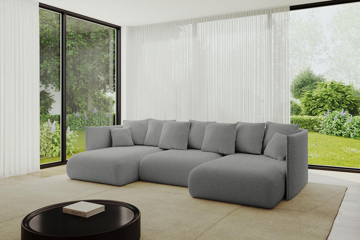 WOHNLANDSCHAFT mit Schlaffunktion und Bettkasten ONESK-U 304x165x40 Hellgrau Bouclé - Hellgrau, Holzwerkstoff/Kunststoff (304/90/165cm) - ALTDECOR