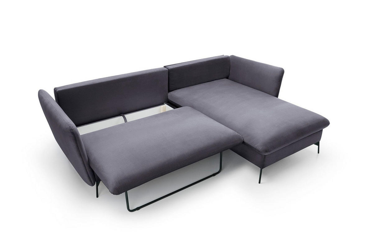 ECKSOFA FERRO Grau Velours-Stoff mit Schlaffunktion - Grau, Holz (258/167cm) - MASSENO
