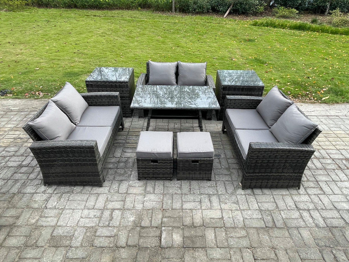 GARTENMÖBELSET mit ESSTISCH,HOCHLEHNER-SOFA Polyrattan Dunkelgrauer Mix 8-Sitzer - Dunkelgrau/Grau, Glas/Kunststoff - Fimous