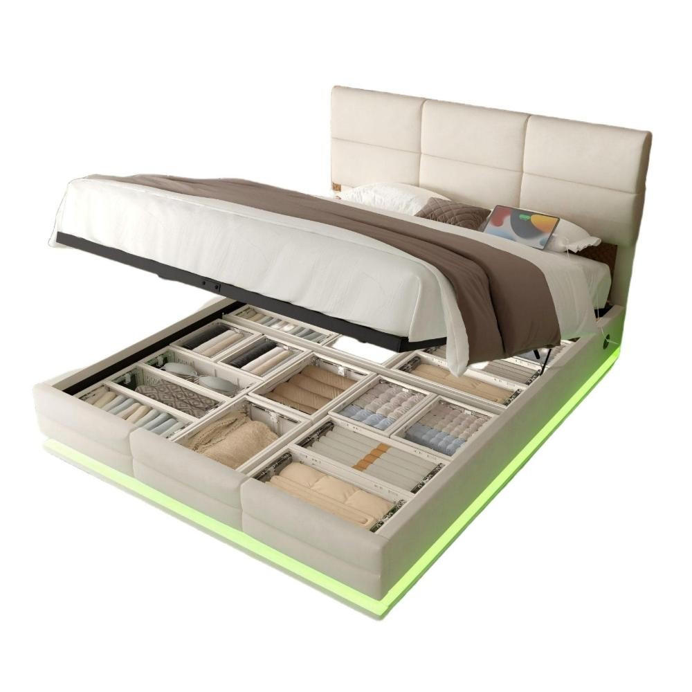 BOXBETT 180/200 mit Bettkasten, LED, USB/Typ C-Ladeanschluss,Samt,Beige - Beige, Holz (180/200cm) - LVHOM
