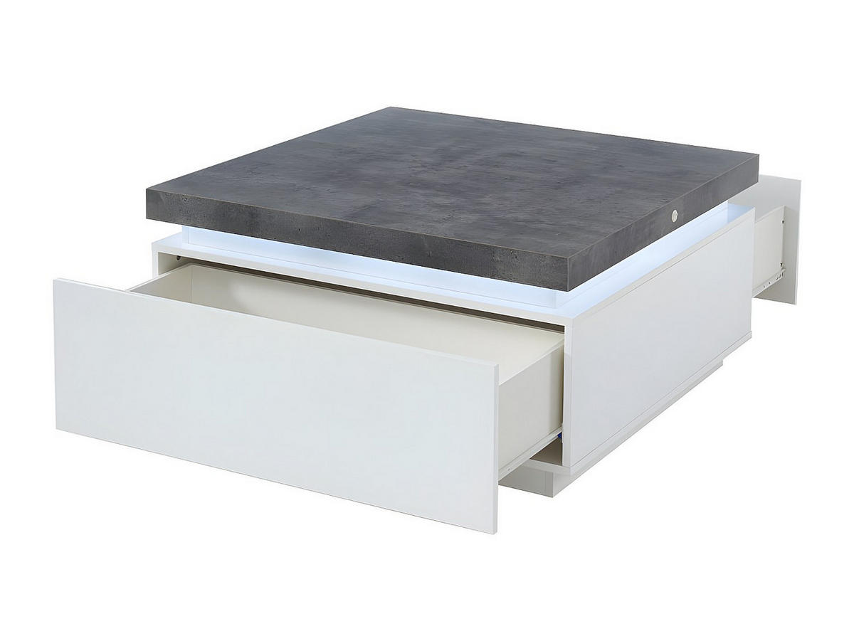 COUCHTISCH mit 2 Schubladen & LEDs - MDF lackiert - Weiß & Beton-Optik- HALO II - Grau, Holz (90/90/45cm) - Vente-Unique