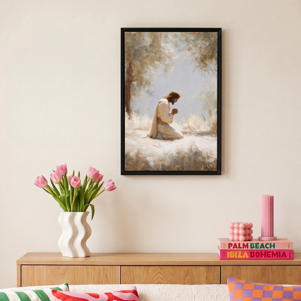 LEINWAND Bilder mit Rahmen - Jesus - Kniend - Waldlandschaft - Betend - 20x30 - Beige, Textil (20/30cm) - MuchoWow
