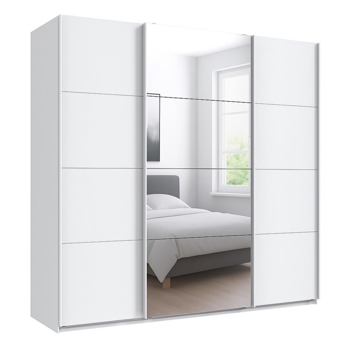 SCHWEBETÜRENSCHRANK 3-türig extrahoch in Weiß, eine Tür mit Spiegel, B225/H236/T64 cm / 22539 - Weiß, Holzwerkstoff/Metall (225/236/64cm) - luma-home