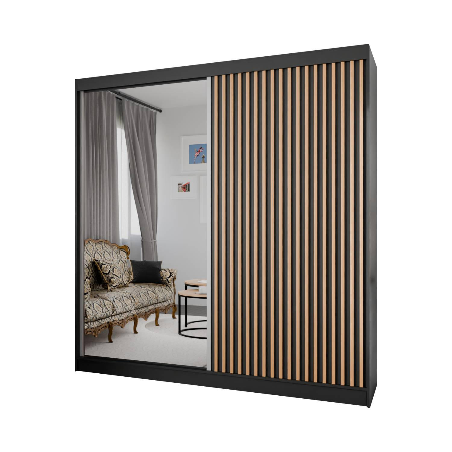 Meblini Schiebetürenschrank Schwarz, Eiche Wotan 200x215x61 cm