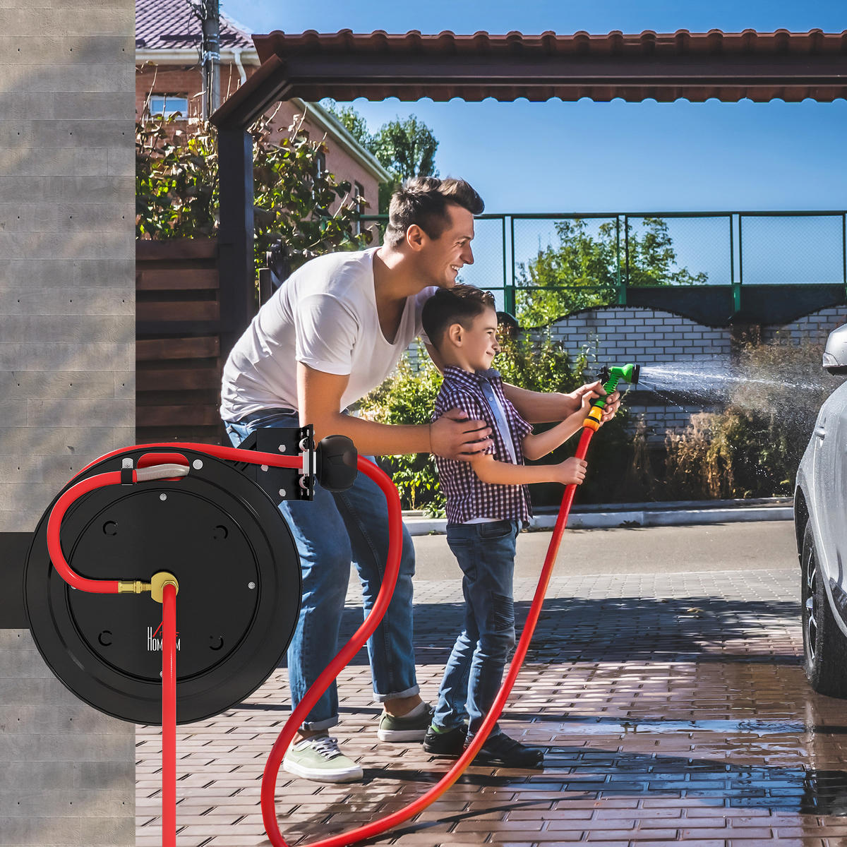 SCHLAUCHTROMMEL Automatische Druckluft 15m+1m mit 1/4' Anschluss 20 bar Druck - Multicolor, Metall (11.5/44/40.5cm) - HOMCOM