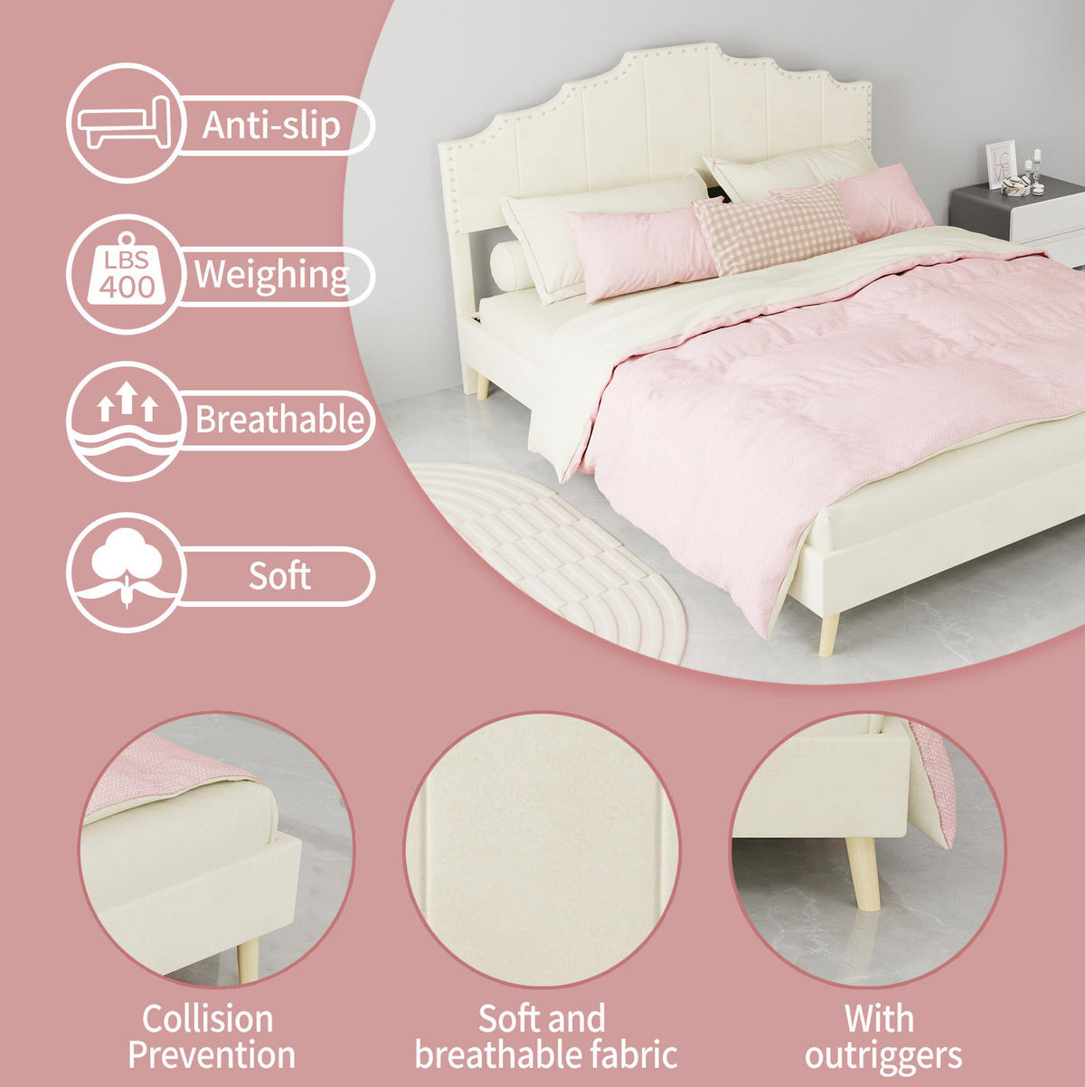 POLSTERBETT 160/200 cm mit Matratze, geometrischem Kopfteil und Lattenrost, Beige - Beige, Textil (160/200cm) - Redom