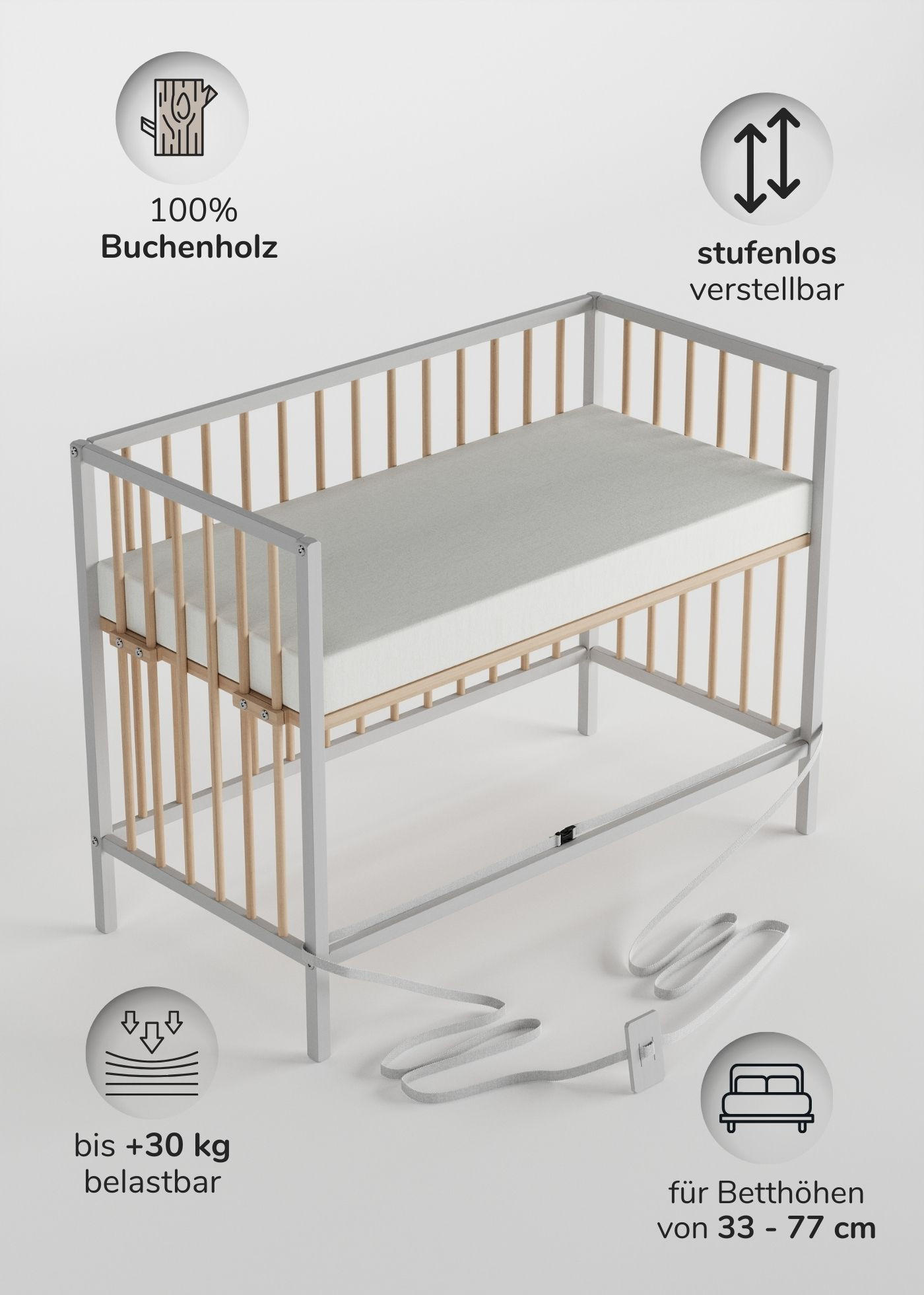 BEISTELLBETT Matratze SleepPlus Rollen & Umbauseite weiß/natur Dreamy 4in1 Bett - Weiß/Naturfarben, Holz (120/90/60cm) - Sämann – make a difference.