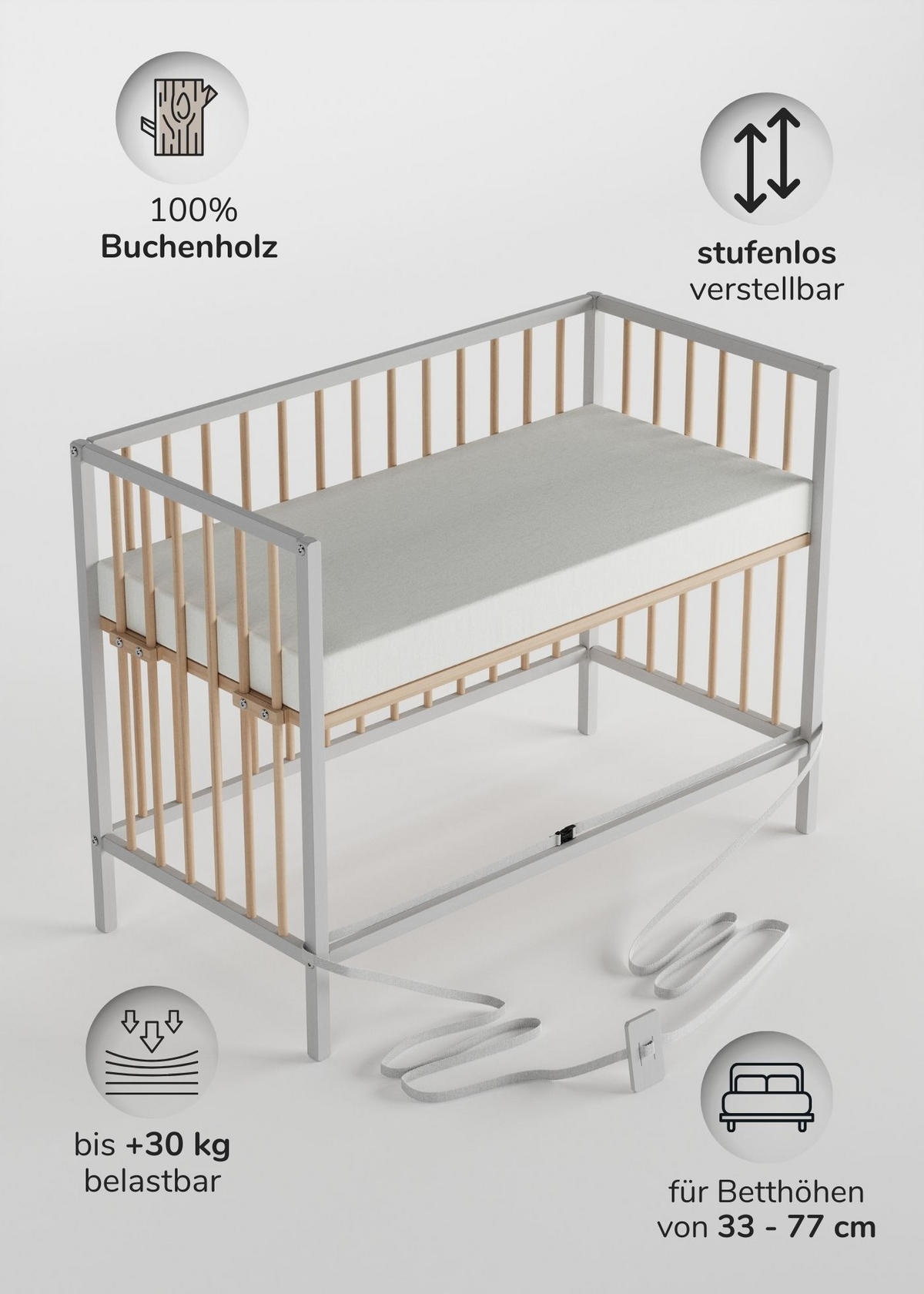 BEISTELLBETT Matratze Cloud Air Rollen & Umbauseite weiß/natur Dreamy 4in1 Bett - Weiß/Naturfarben, Holz (120/90/60cm) - Sämann – make a difference.