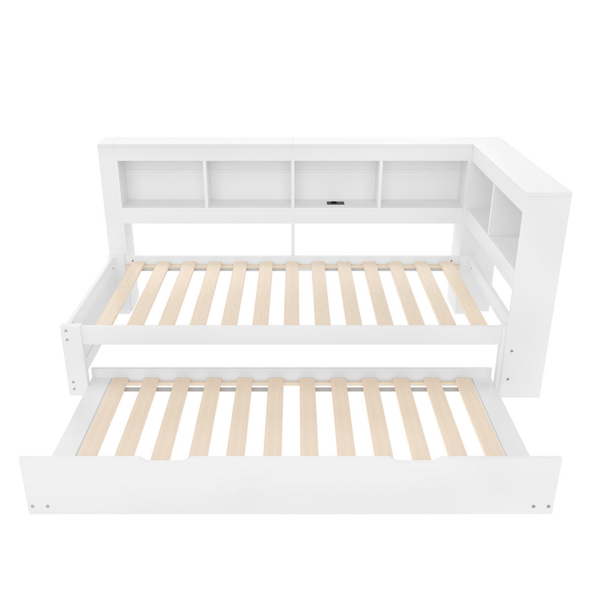 MULTIFUNKTIONSBETT 90/200 cm mit ausziehbarem Rollbett und 2 USB-Anschlüssen Weiß - Weiß, Holz - OKWISH