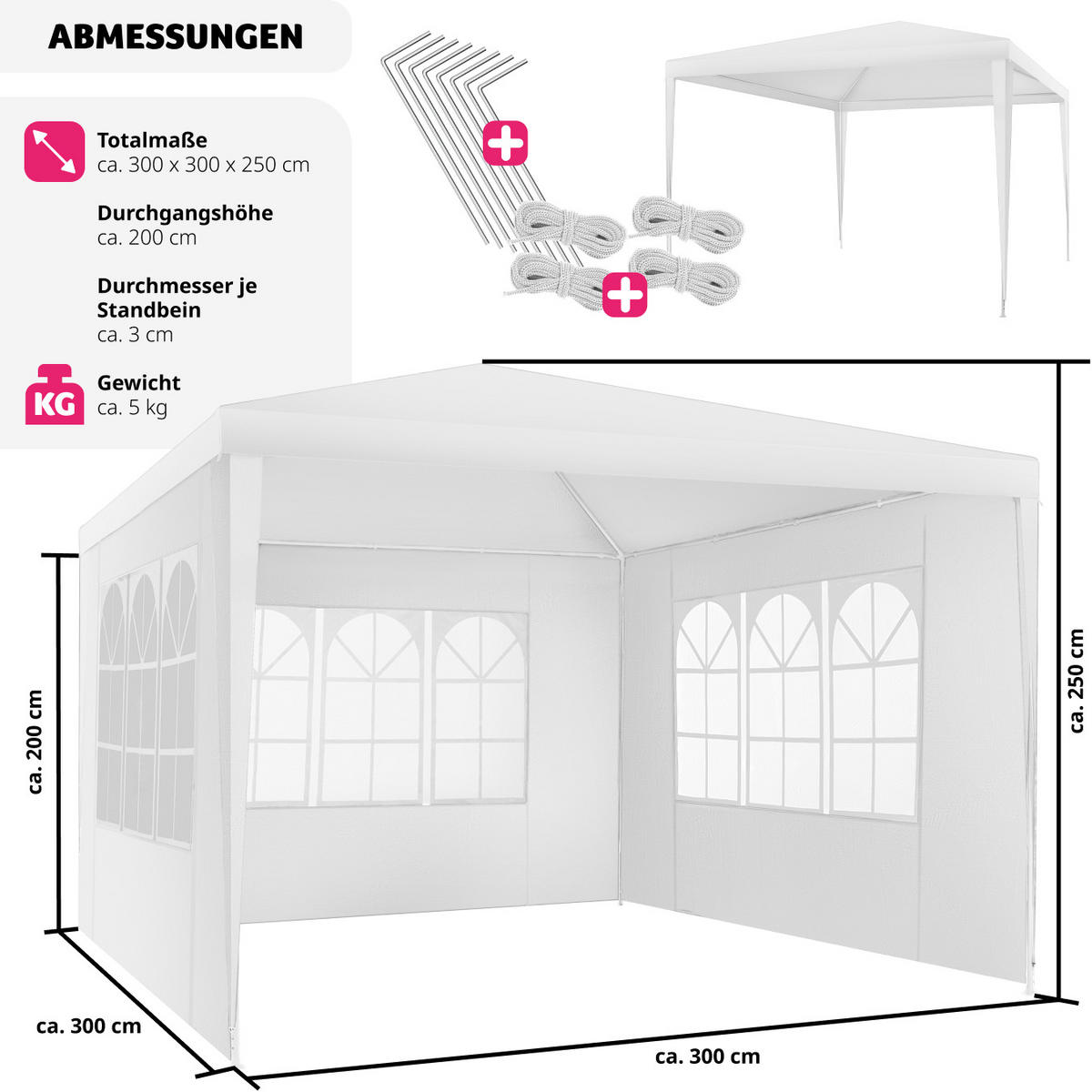 PAVILLON Baraban,inklusive Spannseile und Heringe,weiß - Weiß, Kunststoff (300/250/300cm) - tectake
