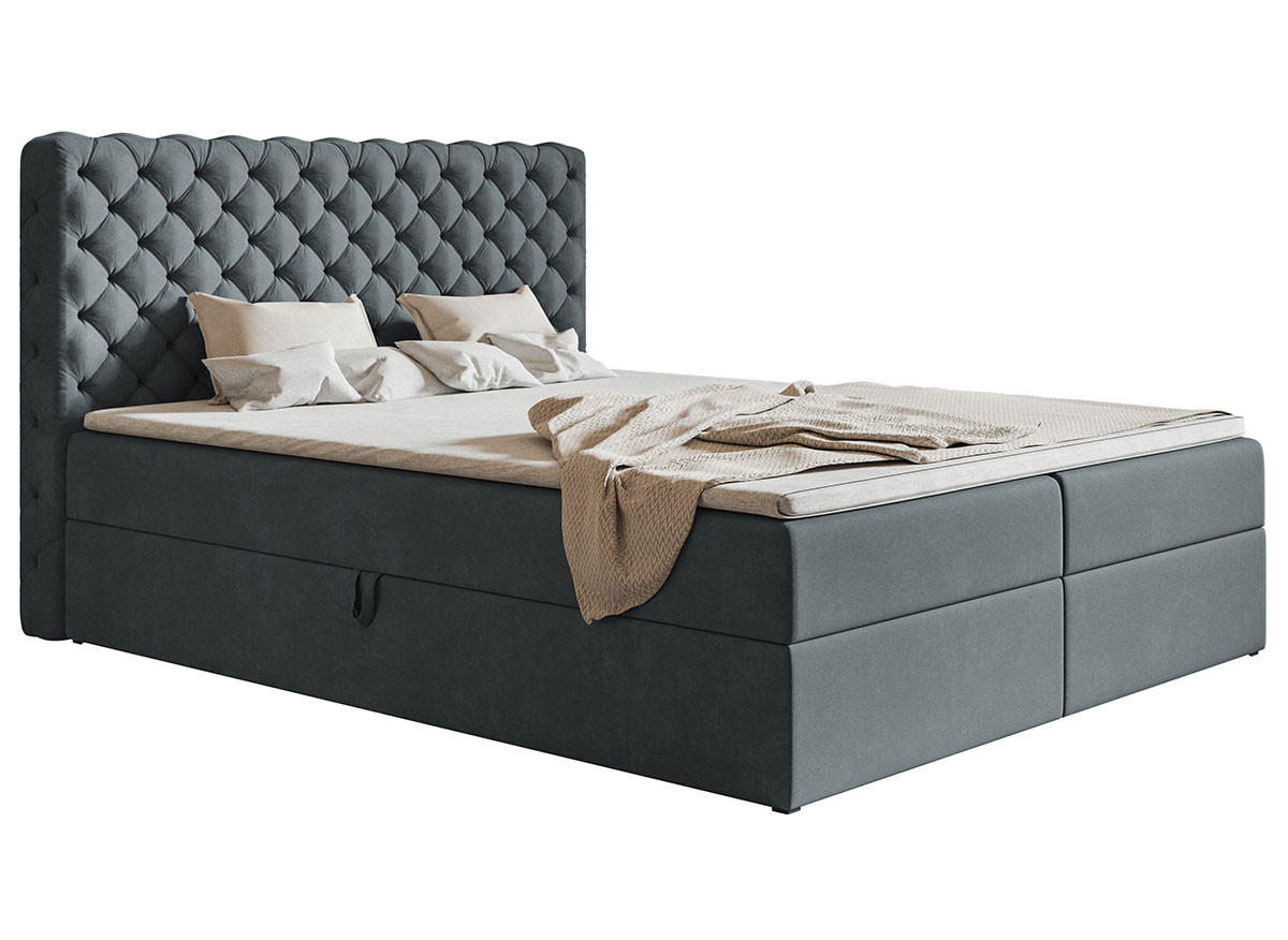 BOXBETT Bonio VIII 120/200 cm in Grau – mit Bettkasten und Topper - Schwarz/Grau, Holz/Holzwerkstoff (120/200cm) - AX Living