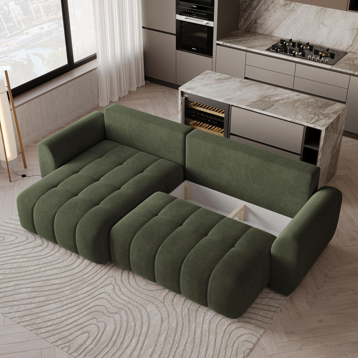 ECKSOFA MODARO CL Olivgrün Samtstoff mit Schlaffunktion - Olivgrün, Holzwerkstoff/Textil (285/148cm) - MASSENO