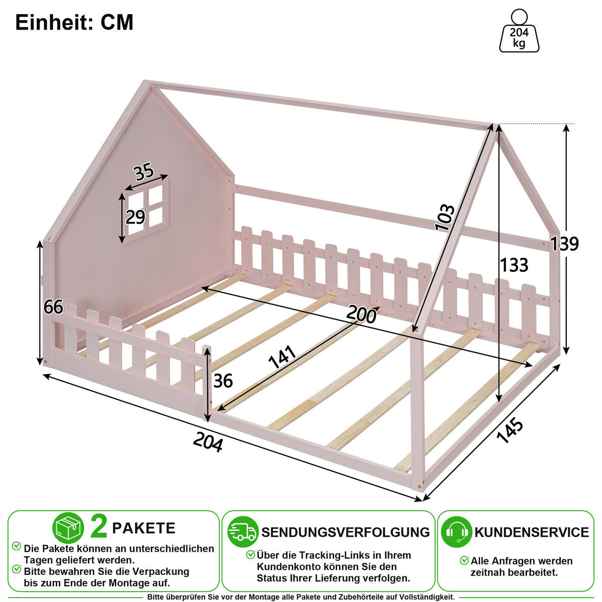 KINDERBETT 140/200 cm in Rosa mit Geländer Hausbett aus Kiefernholz - Rosa, Holz/Holzwerkstoff (140/200cm) - CHICFURN