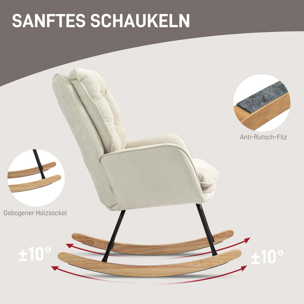 SCHAUKELSTUHL Schwingsessel Armlehnsessel mit Chenilleoptik für Schlafzimmer - Beige/Naturfarben, Holz/Textil (98.5/97/71cm) - HOMCOM